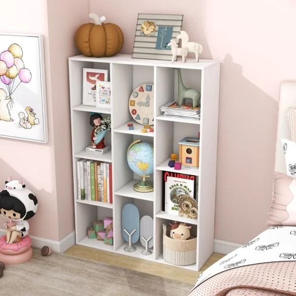 Bibliothèque Géométrique à 11 Cubes Moderne Vitrine Ouverte Multifonctionnelle pour Rangement des Livres avec Kits Anti-basculement Blanc