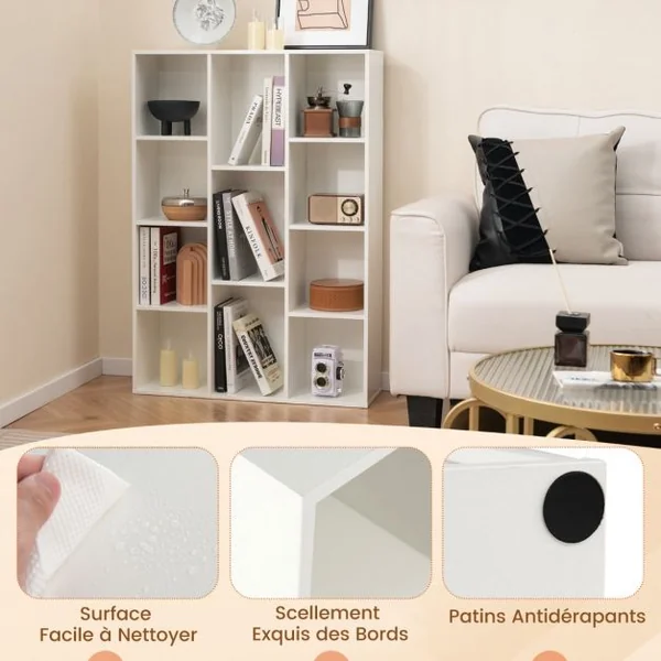 Bibliothèque Géométrique à 11 Cubes Moderne Vitrine Ouverte Multifonctionnelle pour Rangement des Livres avec Kits Anti-basculement Blanc