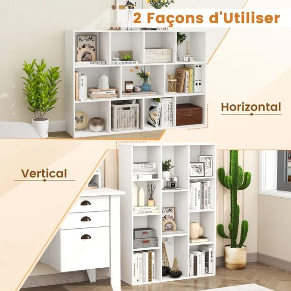 Bibliothèque Géométrique à 11 Cubes Moderne Vitrine Ouverte Multifonctionnelle pour Rangement des Livres avec Kits Anti-basculement Blanc