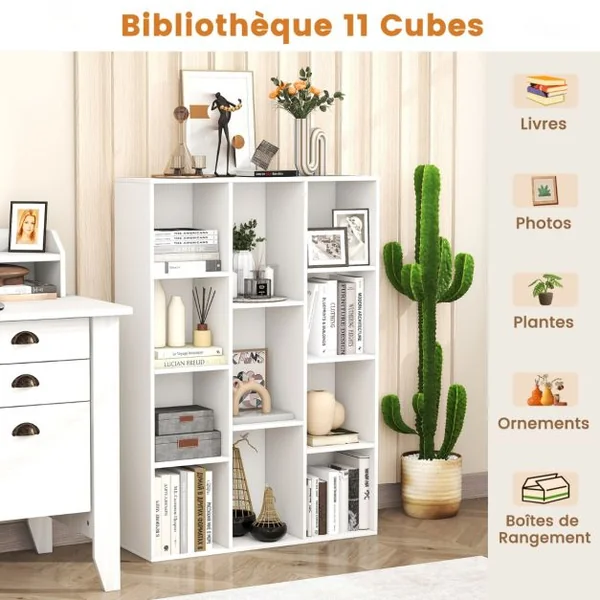 Bibliothèque Géométrique à 11 Cubes Moderne Vitrine Ouverte Multifonctionnelle pour Rangement des Livres avec Kits Anti-basculement Blanc