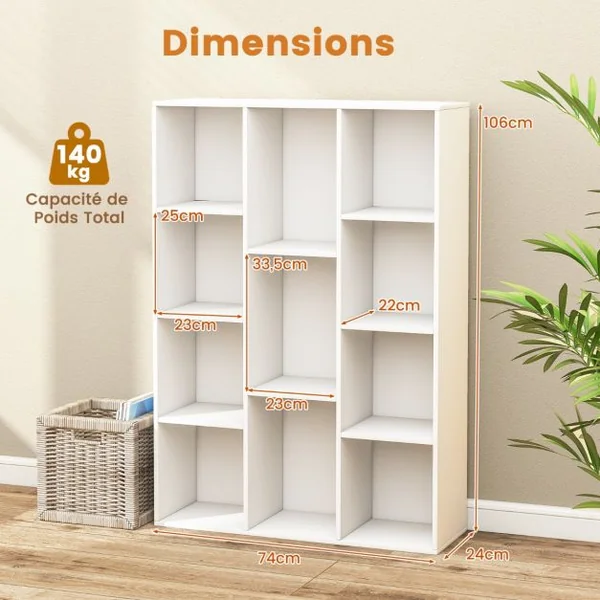 Bibliothèque Géométrique à 11 Cubes Moderne Vitrine Ouverte Multifonctionnelle pour Rangement des Livres avec Kits Anti-basculement Blanc