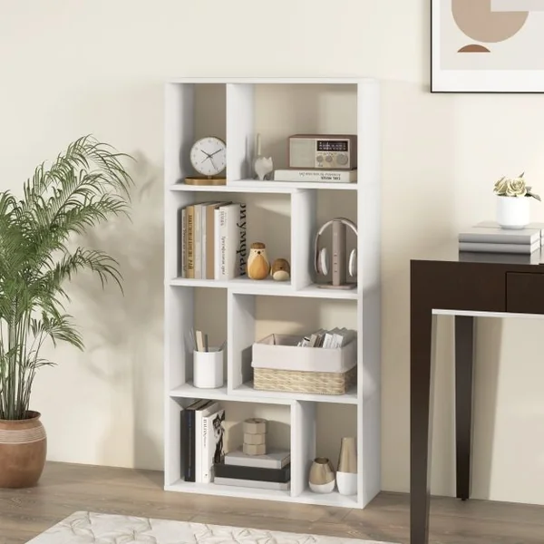 Bibliothèque Géométrique à 4 Niveaux 120 cm de Haut Etagères Ouvertes de Rangement Moderne à 8 Cases Armoire Autoportante Blanc
