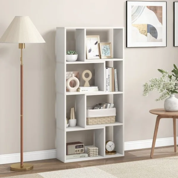 Bibliothèque Géométrique à 4 Niveaux 120 cm de Haut Etagères Ouvertes de Rangement Moderne à 8 Cases Armoire Autoportante Blanc