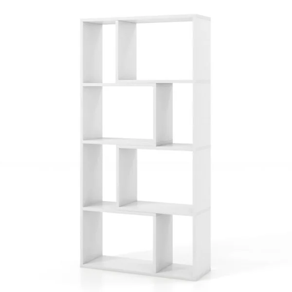 Bibliothèque Géométrique à 4 Niveaux 120 cm de Haut Etagères Ouvertes de Rangement Moderne à 8 Cases Armoire Autoportante Blanc