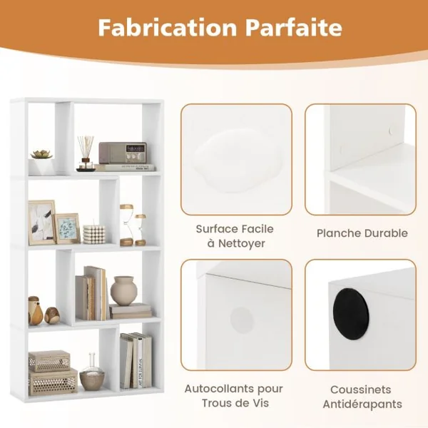 Bibliothèque Géométrique à 4 Niveaux 120 cm de Haut Etagères Ouvertes de Rangement Moderne à 8 Cases Armoire Autoportante Blanc