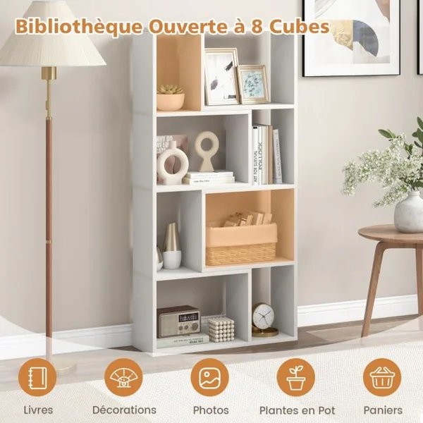 Bibliothèque Géométrique à 4 Niveaux 120 cm de Haut Etagères Ouvertes de Rangement Moderne à 8 Cases Armoire Autoportante Blanc