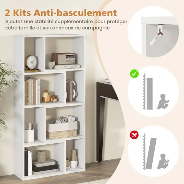 Bibliothèque Géométrique à 4 Niveaux 120 cm de Haut Etagères Ouvertes de Rangement Moderne à 8 Cases Armoire Autoportante Blanc