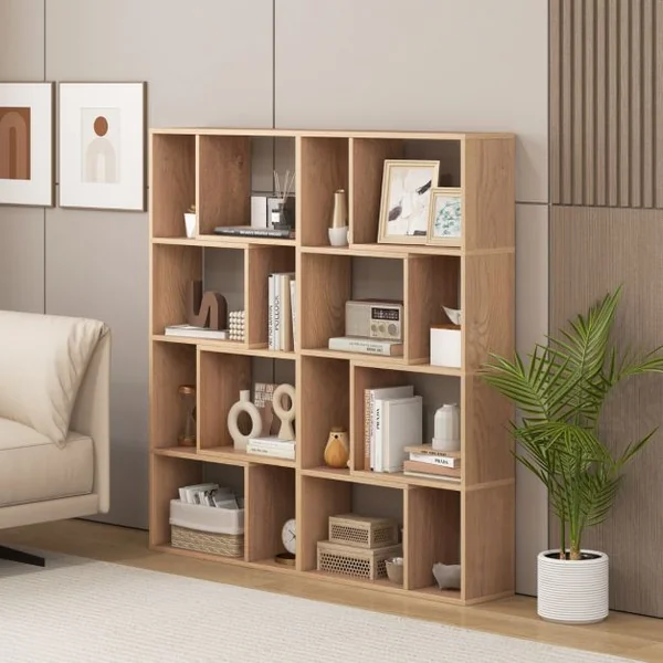 Bibliothèque Géométrique à 4 Niveaux 120 cm de Haut Etagères Ouvertes de Rangement Moderne à 8 Cases Armoire Autoportante Naturel