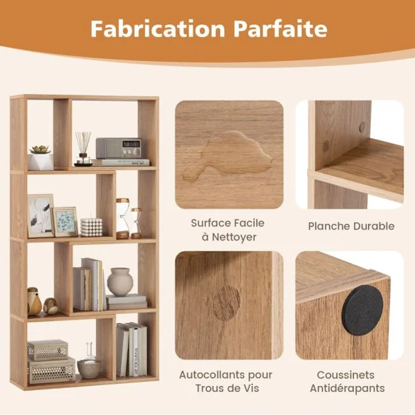 Bibliothèque Géométrique à 4 Niveaux 120 cm de Haut Etagères Ouvertes de Rangement Moderne à 8 Cases Armoire Autoportante Naturel