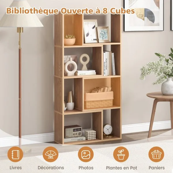 Bibliothèque Géométrique à 4 Niveaux 120 cm de Haut Etagères Ouvertes de Rangement Moderne à 8 Cases Armoire Autoportante Naturel