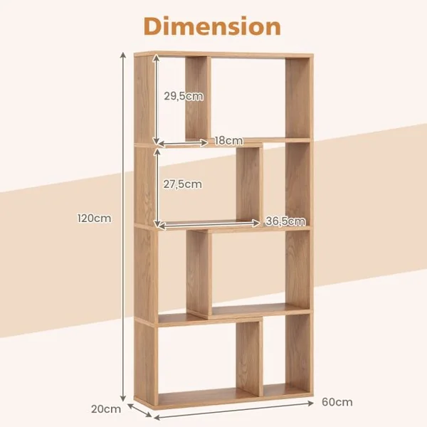 Bibliothèque Géométrique à 4 Niveaux 120 cm de Haut Etagères Ouvertes de Rangement Moderne à 8 Cases Armoire Autoportante Naturel