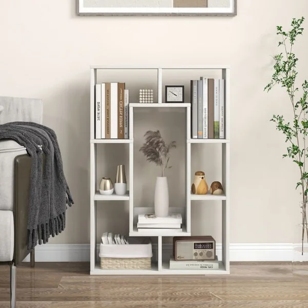 Bibliothèque Géométrique à 7 Cubes Étagère d'Angle Ouverte et Décorative Séparateur de Pièce Kit Anti-renversement Blanc/Gris/Naturel/Café/Noir