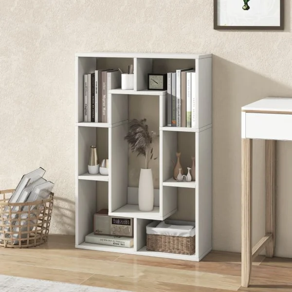 Bibliothèque Géométrique à 7 Cubes Étagère d'Angle Ouverte et Décorative Séparateur de Pièce Kit Anti-renversement Blanc/Gris/Naturel/Café/Noir