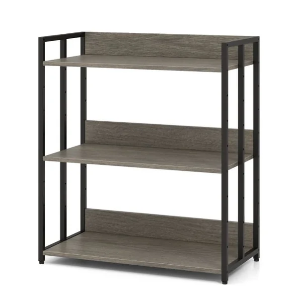 Bibliothèque Industrielle 3 Étagères Réglables 2 Modes d'Installation Coussinets de Pieds Réglables Étagère de Rangement Gris/Marron Rustique
