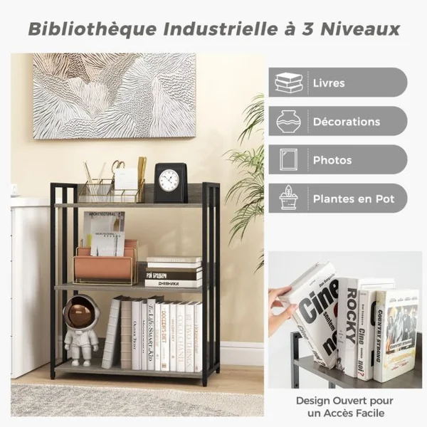 Bibliothèque Industrielle 3 Étagères Réglables 2 Modes d'Installation Coussinets de Pieds Réglables Étagère de Rangement Gris/Marron Rustique