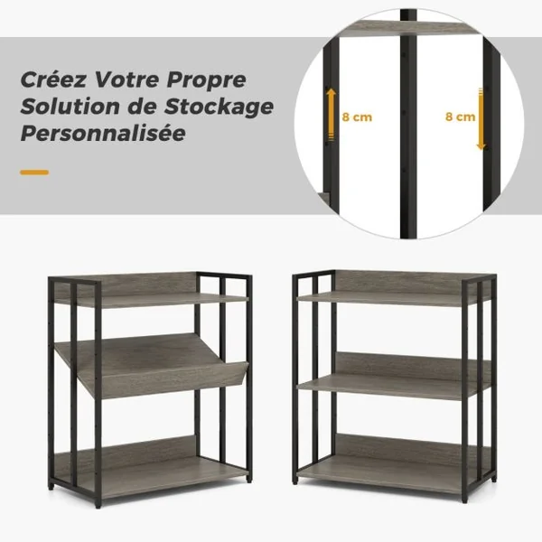 Bibliothèque Industrielle 3 Étagères Réglables 2 Modes d'Installation Coussinets de Pieds Réglables Étagère de Rangement Gris/Marron Rustique