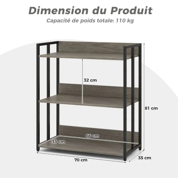 Bibliothèque Industrielle 3 Étagères Réglables 2 Modes d'Installation Coussinets de Pieds Réglables Étagère de Rangement Gris/Marron Rustique