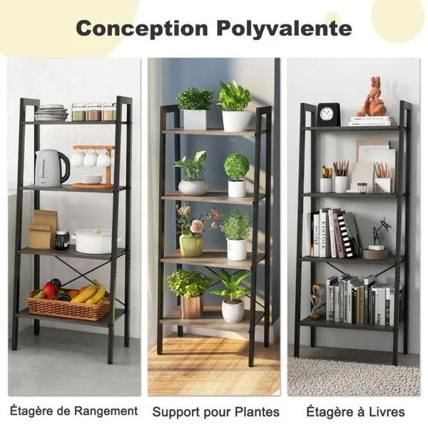 Bibliothèque Industrielle 4 Niveaux Coussinets de Pied Réglables Étagère de Rangement Dispositif Anti-basculement Brun/Marron/Noir