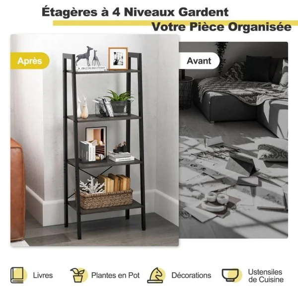 Bibliothèque Industrielle 4 Niveaux Coussinets de Pied Réglables Étagère de Rangement Dispositif Anti-basculement Brun/Marron/Noir