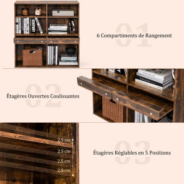 Bibliothèque Industrielle avec 6 Cases Étagères Réglables Meuble de Rangement avec Étagère Coulissante pour Magazines Livres Marron