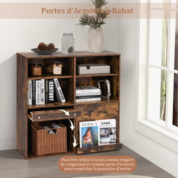 Bibliothèque Industrielle avec 6 Cases Étagères Réglables Meuble de Rangement avec Étagère Coulissante pour Magazines Livres Marron