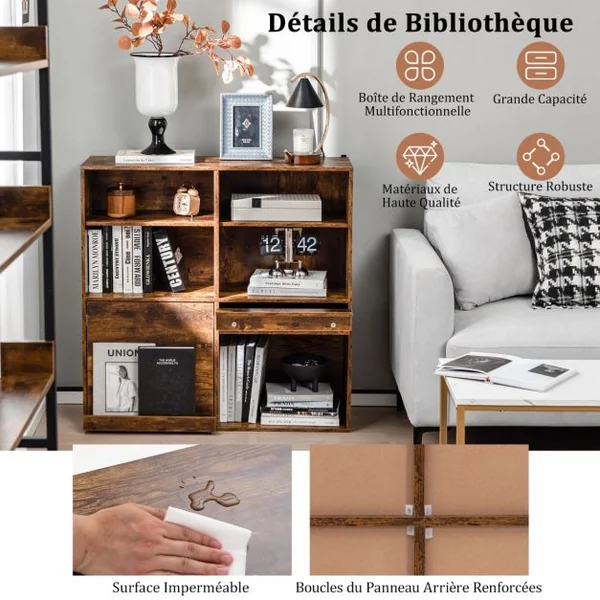 Bibliothèque Industrielle avec 6 Cases Étagères Réglables Meuble de Rangement avec Étagère Coulissante pour Magazines Livres Marron