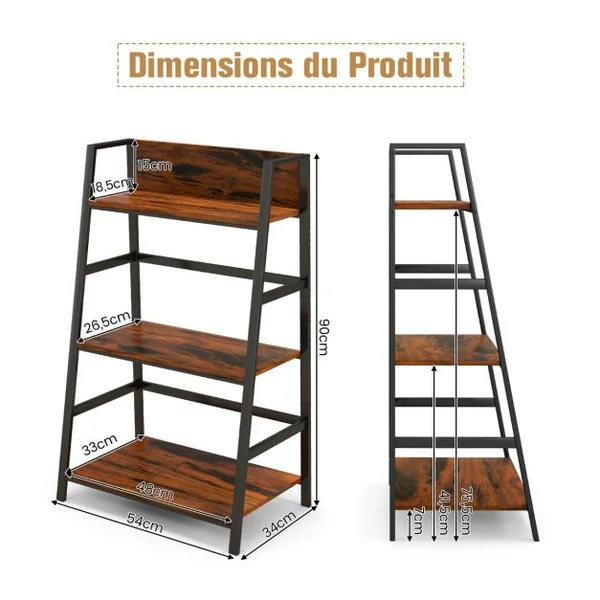 Bibliothèque Industrielle à 3 Niveaux 54 x 34 x 90 CM Étagère Échelle avec Dispositif Anti-basculement et Cadre en Métal