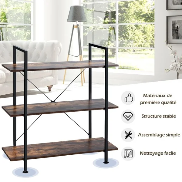 Bibliothèque Industrielle à 3 Niveaux avec Dispositif Anti-Basculement et Pieds Réglables Étagère de Rangement pour Cuisine Café