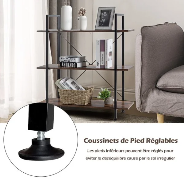 Bibliothèque Industrielle à 3 Niveaux avec Dispositif Anti-Basculement et Pieds Réglables Étagère de Rangement pour Cuisine Café