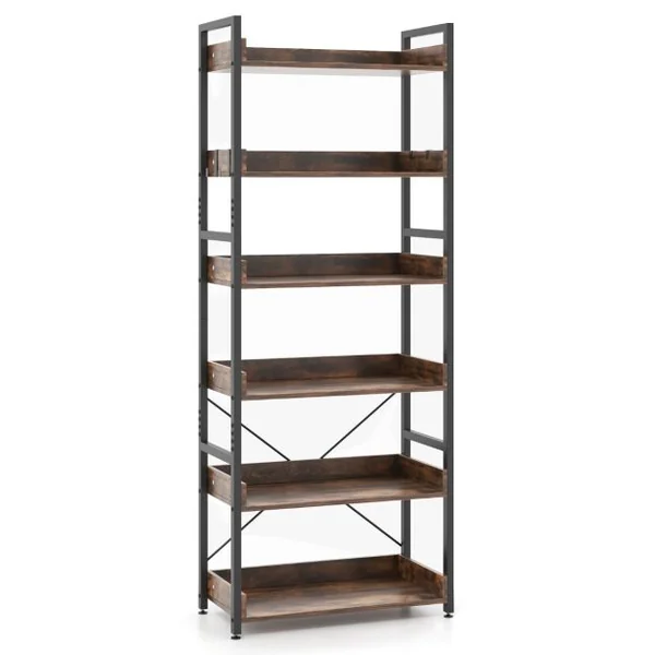 Bibliothèque Industrielle à 6 Niveaux avec 4 Crochets Étagère de Rangement avec Dispositif Anti-basculement Pieds Réglables Marron Rustique