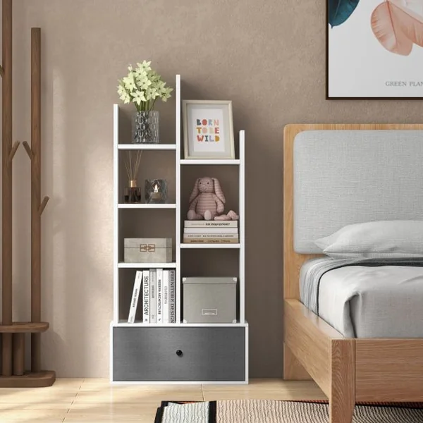 Bibliothèque Industrielle à 7 Niveaux avec Tiroir en Tissu Étagère de Rangement avec Dispositif Anti-basculement Blanc