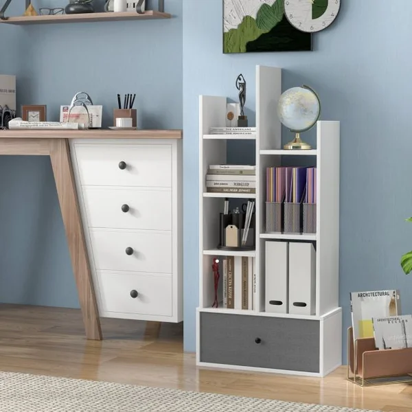 Bibliothèque Industrielle à 7 Niveaux avec Tiroir en Tissu Étagère de Rangement avec Dispositif Anti-basculement Blanc