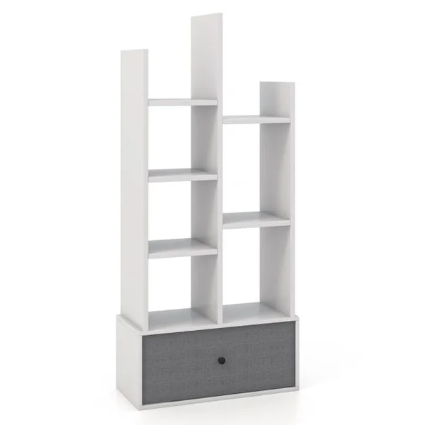 Bibliothèque Industrielle à 7 Niveaux avec Tiroir en Tissu Étagère de Rangement avec Dispositif Anti-basculement Blanc