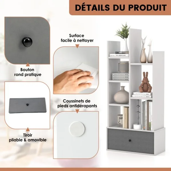 Bibliothèque Industrielle à 7 Niveaux avec Tiroir en Tissu Étagère de Rangement avec Dispositif Anti-basculement Blanc