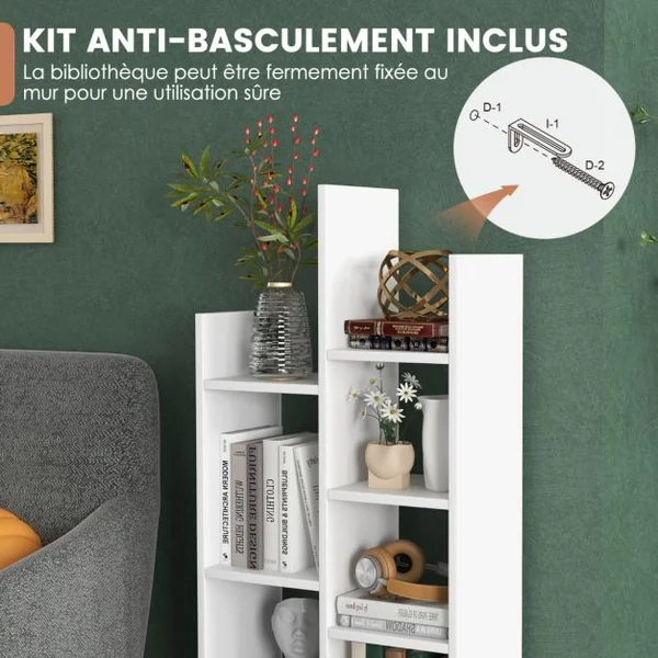 Bibliothèque Industrielle à 7 Niveaux avec Tiroir en Tissu Étagère de Rangement avec Dispositif Anti-basculement Blanc