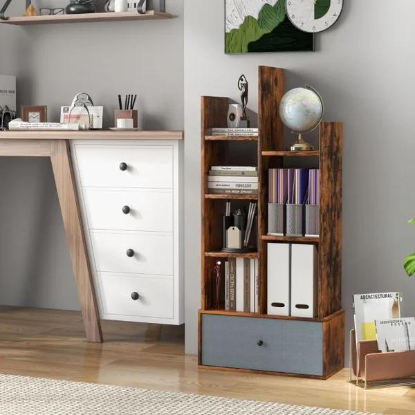 Bibliothèque Industrielle à 7 Niveaux avec Tiroir en Tissu Étagère de Rangement avec Dispositif Anti-basculement Marron