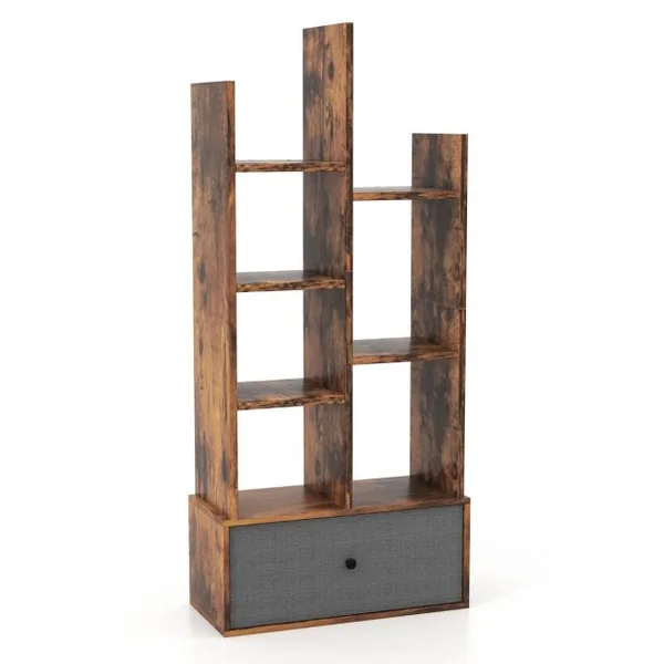 Bibliothèque Industrielle à 7 Niveaux avec Tiroir en Tissu Étagère de Rangement avec Dispositif Anti-basculement Marron