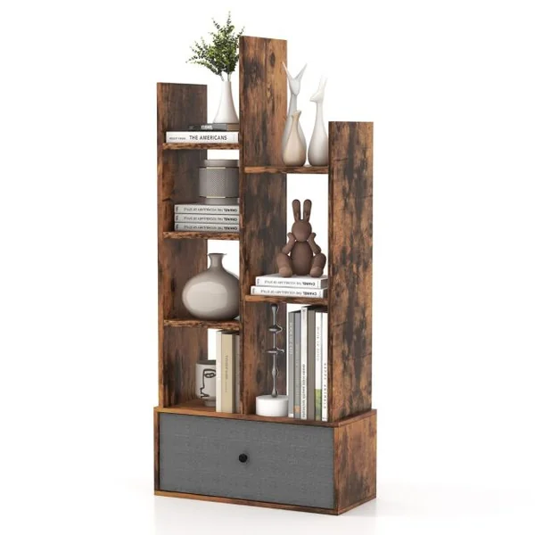Bibliothèque Industrielle à 7 Niveaux avec Tiroir en Tissu Étagère de Rangement avec Dispositif Anti-basculement Marron