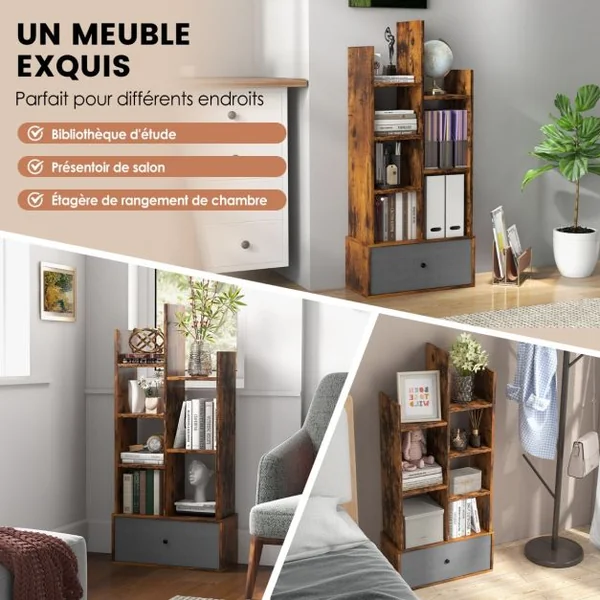 Bibliothèque Industrielle à 7 Niveaux avec Tiroir en Tissu Étagère de Rangement avec Dispositif Anti-basculement Marron