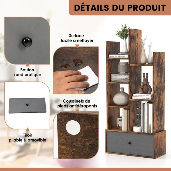 Bibliothèque Industrielle à 7 Niveaux avec Tiroir en Tissu Étagère de Rangement avec Dispositif Anti-basculement Marron