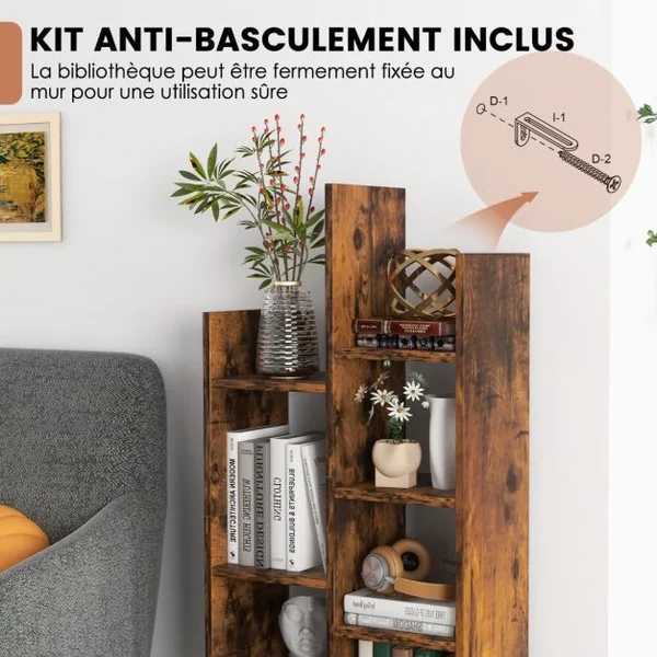 Bibliothèque Industrielle à 7 Niveaux avec Tiroir en Tissu Étagère de Rangement avec Dispositif Anti-basculement Marron