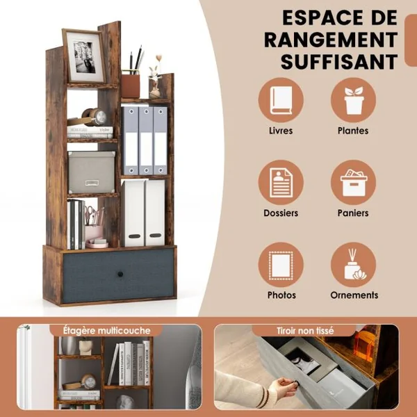 Bibliothèque Industrielle à 7 Niveaux avec Tiroir en Tissu Étagère de Rangement avec Dispositif Anti-basculement Marron