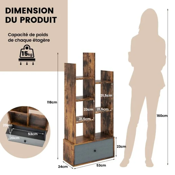 Bibliothèque Industrielle à 7 Niveaux avec Tiroir en Tissu Étagère de Rangement avec Dispositif Anti-basculement Marron