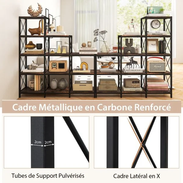 Bibliothèque Industrielle à 9 Compartiments Étagère de Rangement 5 Niveaux avec Cadre en Acier Dispositif Anti-basculement Marron Rustique
