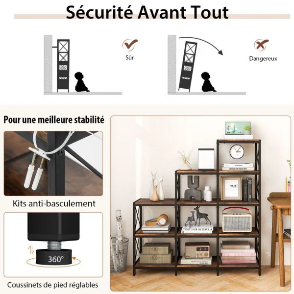 Bibliothèque Industrielle à 9 Compartiments Étagère de Rangement 5 Niveaux avec Cadre en Acier Dispositif Anti-basculement Marron Rustique