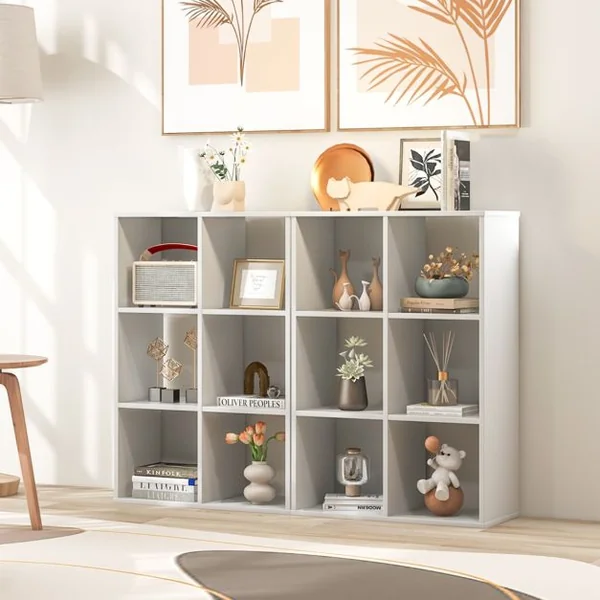 Bibliothèque Meuble de Rangement Cube avec 6 Casiers Ouverts Étagère 4 Niveaux avec Dispositif Anti-basculement Blanc