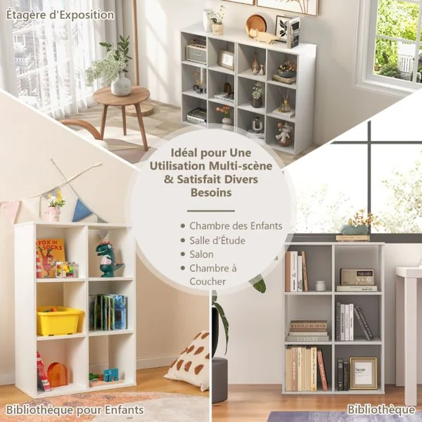 Bibliothèque Meuble de Rangement Cube avec 6 Casiers Ouverts Étagère 4 Niveaux avec Dispositif Anti-basculement Blanc