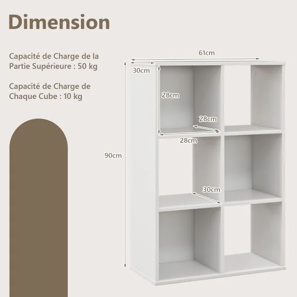 Bibliothèque Meuble de Rangement Cube avec 6 Casiers Ouverts Étagère 4 Niveaux avec Dispositif Anti-basculement Blanc