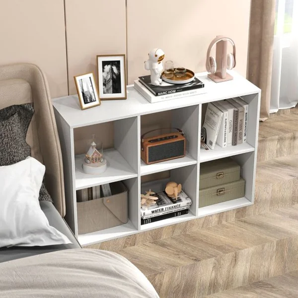 Bibliothèque Ouverte à 6 Cubes sur 2 Niveaux Etagère de Rangement Autoportante Style Rustique Kit Anti-basculement Blanc