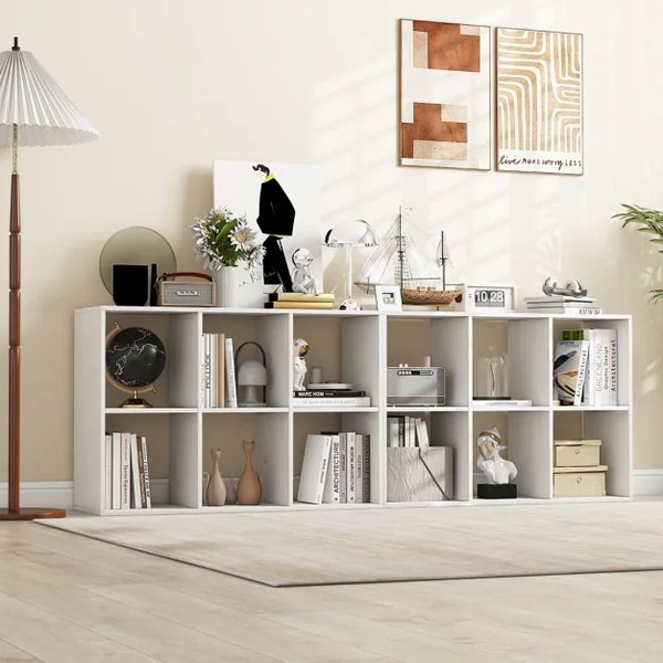 Bibliothèque Ouverte à 6 Cubes sur 2 Niveaux Etagère de Rangement Autoportante Style Rustique Kit Anti-basculement Blanc